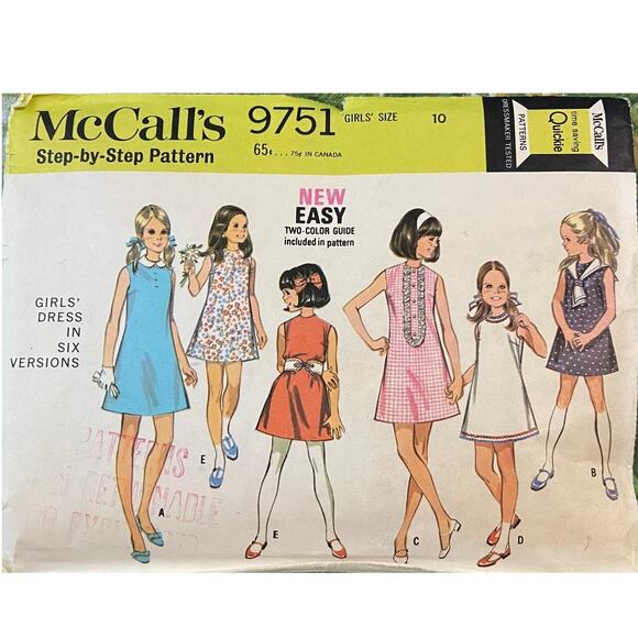 Vtg McCalls 9751 Dress Pattern 10 Girl 1969 Variation Sleeveless Aline Short - Picture 2 of 6